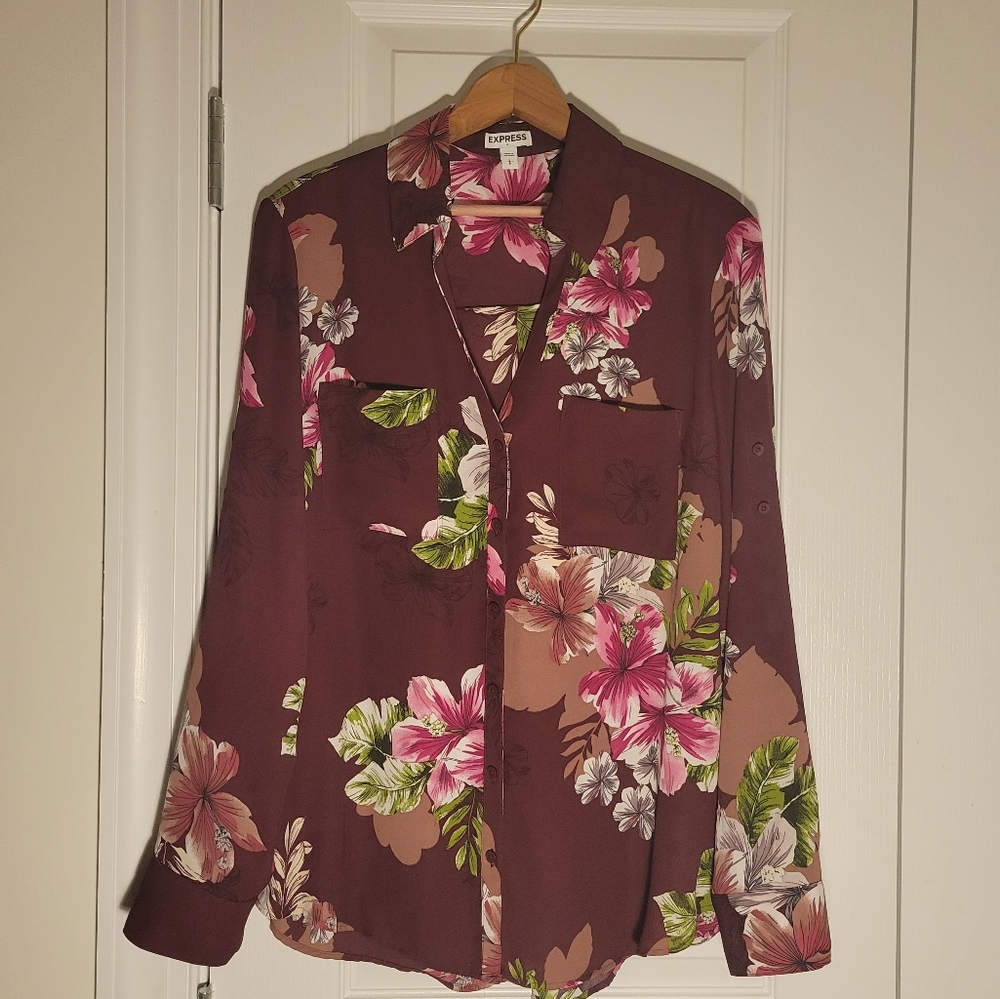 Express | Women’s Convertible Sleeve Portofino Dressy Blouse | Floral | Large
